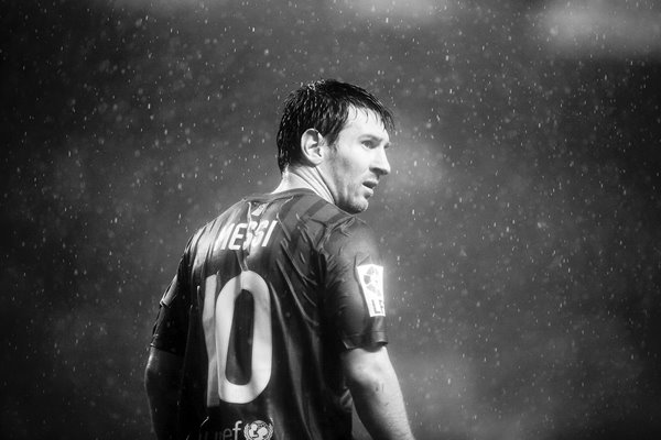 Leo Messi of Barcelona portrait in rain