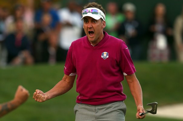 Ian Poulter Europe celebrates Day 2 Four-Balls Ryder Cup 2012