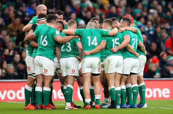 Ireland team Huddle after win v Wales Dublin Six Nations 2020