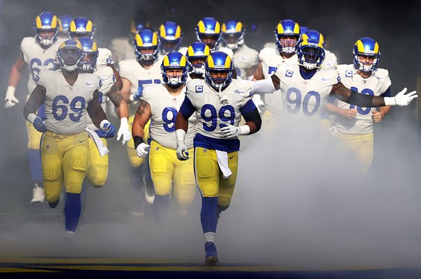 Aaron Donald #99 leads out Los Angeles Rams v Jets 2020