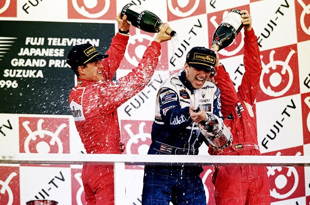 Damon Hill & Michael Schumacher Podium Champagne Celebration Japan 1996