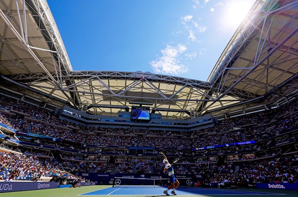 Novak Djokovic serves Billie Jean King National Tennis Centre 2021  