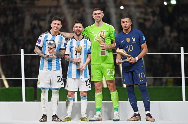 Enzo Fernandez, Lionel Messi & Emiliano Martinez Argentina & Kylian Mbappe France Qatar 2022