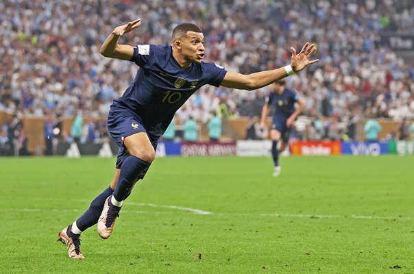 Kylian Mbappe France celebrates 2nd goal v Argentina World Cup Final 2022