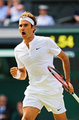 Roger Federer Switzerland celebrates v Andy Murray Wimbledon 2015