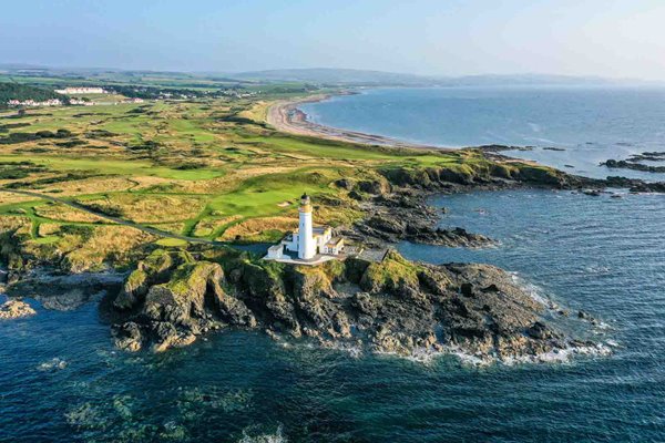 Aerial view 9th hole and lighthouse Ailsa Course Turnberry 2021