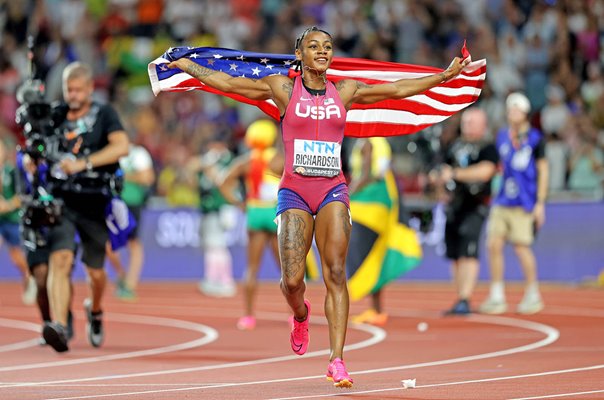 Sha'Carri Richardson USA celebrates Gold World Athletics Championships Budapest 2023