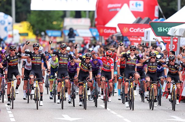 Team Jumbo Visma celebrate Sepp Kuss Vuelta win Madrid 2023  