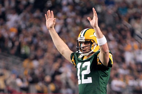 Aaron Rodgers of the Green Bay Packers celebrates Super Bowl XLV