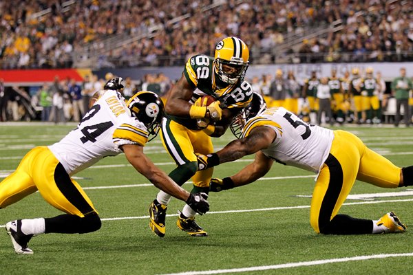 James Jones of the Green Bay Packers avoids tackle Super Bowl XLV