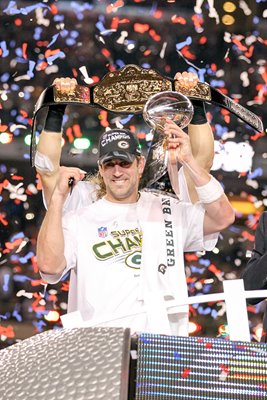 Aaron Rodgers holds up the Vince Lombardi Trophy Super Bowl XLV