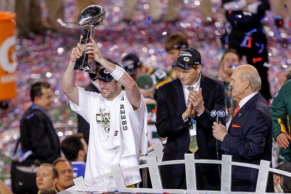  Aaron Rodgers lifts The Vince Lombardi Trophy Super Bowl XLV