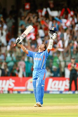 Sachin Tendulkar of India celebrates World Cup 100