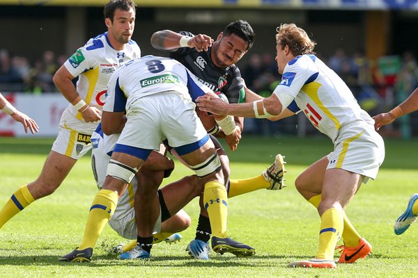 Fritz Lee Clermont tackles Manu Tuilagi Leicester Tigers Heineken Cup 2014