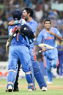 Yuvraj and MS Dhoni celebrate 