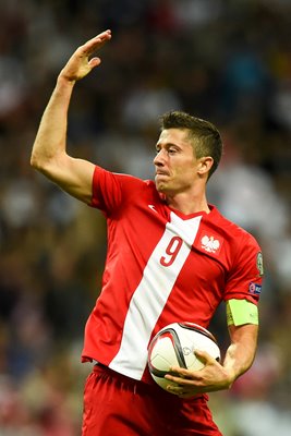 Robert Lewandowski Poland celebrates goal v Germany