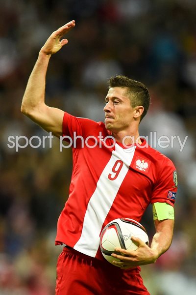 Robert Lewandowski Poland celebrates goal v Germany