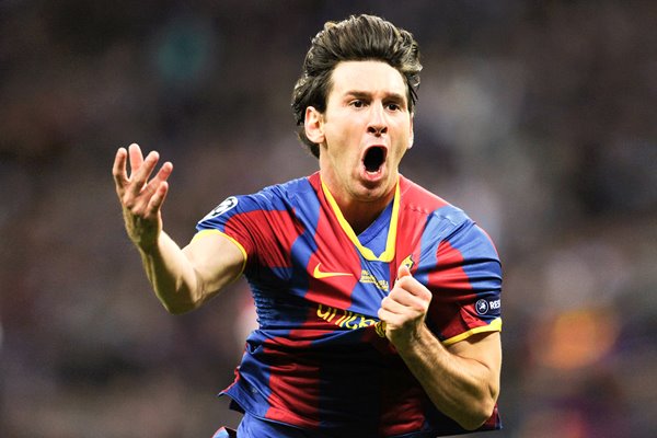 Leo Messi celebrates scoring in the Champions League Final