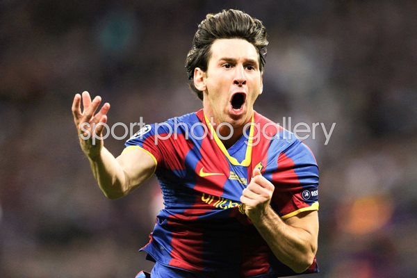 Leo Messi celebrates scoring in the Champions League Final