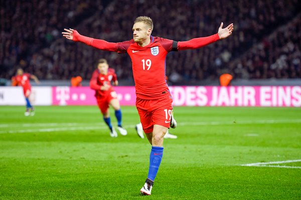 Jamie Vardy of England scores v Germany Berlin 2016