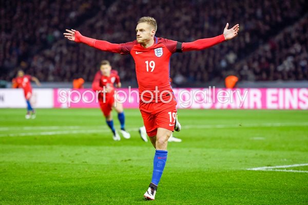 Jamie Vardy of England scores v Germany Berlin 2016