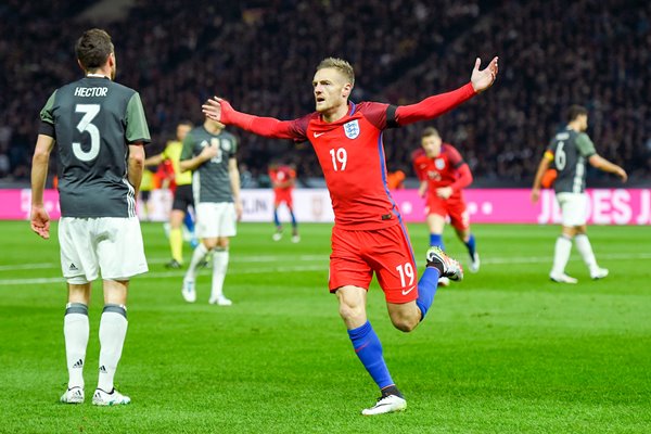 Jamie Vardy of England scores v Germany Berlin 2016