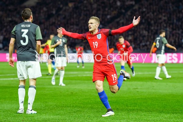 Jamie Vardy of England scores v Germany Berlin 2016