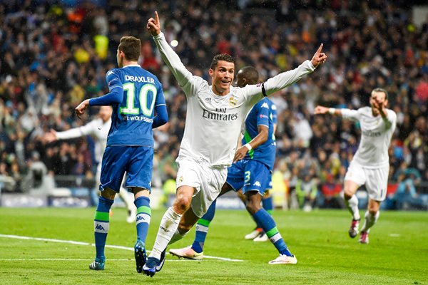 Ronaldo celebrates scoring for Real v Wolfsburg