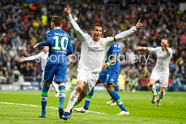 Ronaldo celebrates scoring for Real v Wolfsburg