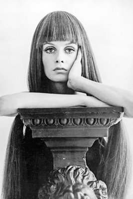 Twiggy wears long dark wig