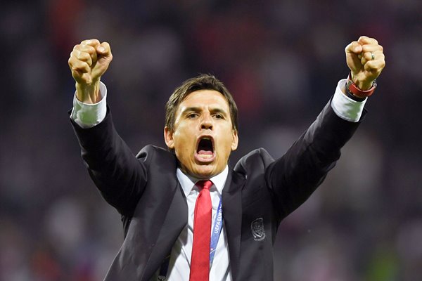 Chris Coleman Wales celebrates v Russia Toulouse 2016