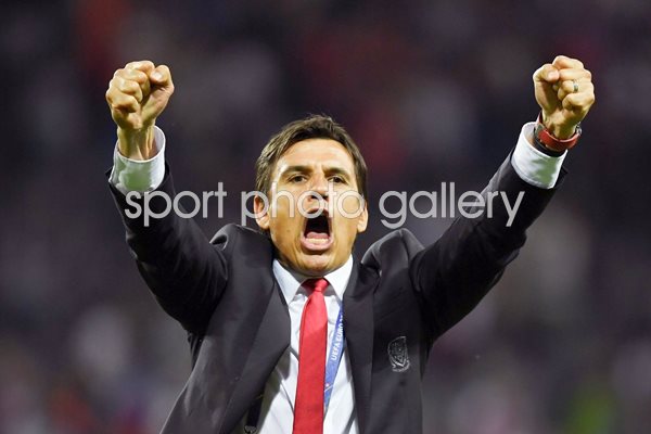 Chris Coleman Wales celebrates v Russia Toulouse 2016