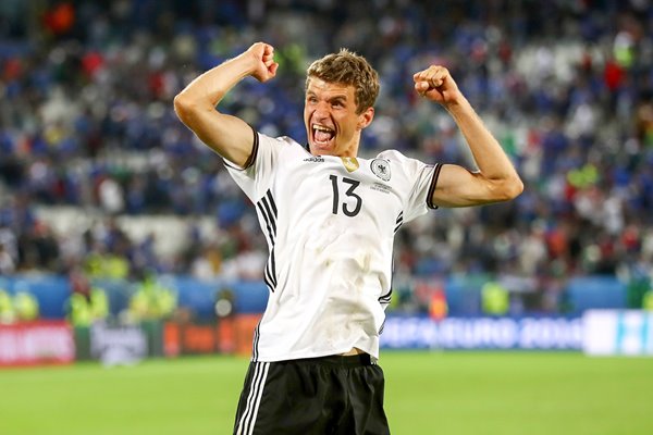 Thomas Mueller celebrates Germany v Italy