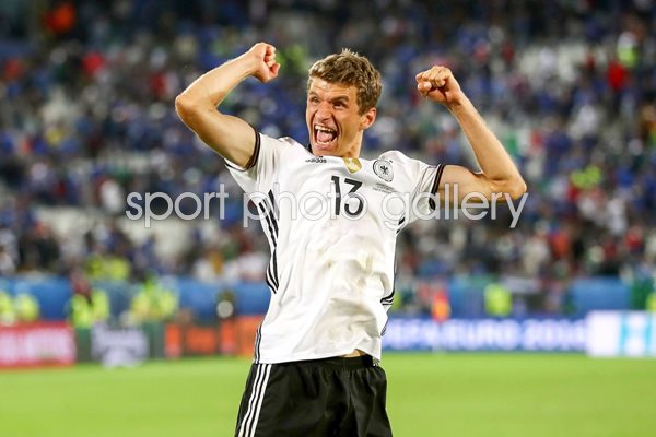 Thomas Mueller celebrates Germany v Italy 