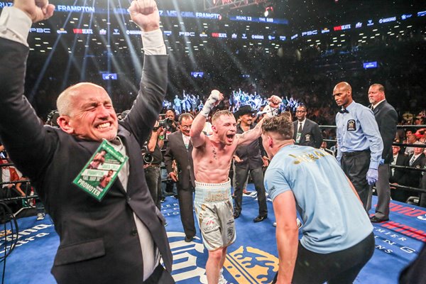 Barry McGuigan celebrates Carl Frampton win New York 2016