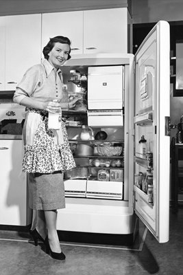 Housewife at refrigerator