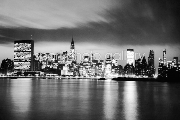 NYC skyline at night, 1950s
