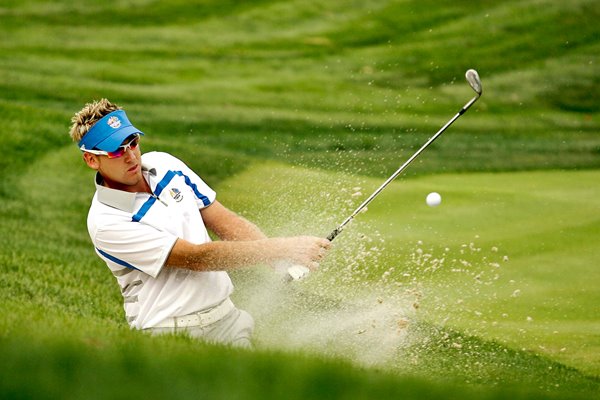 Ian Poulter splashes from sand 2008 Ryder Cup 