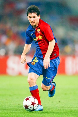 Lionel Messi of Barcelona in action v Manchester United