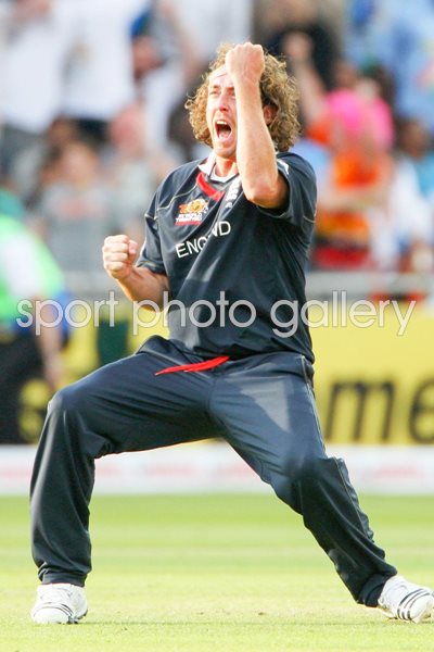 Ryan Sidebottom of England celebrates the wicket