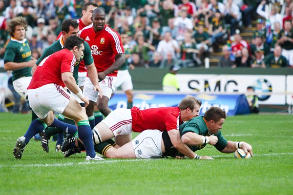 John Smit of South Africa scores v Lions in Durban