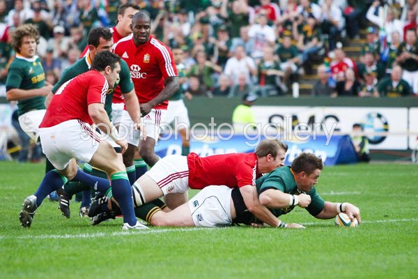 John Smit of South Africa scores v Lions in Durban