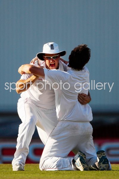 Captain and Bowler celebrate Final Wicket