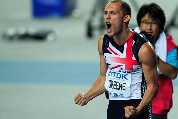 David "Dai" Greene celebrates Gold Daegu 2011