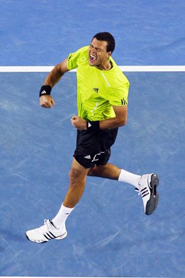 Jo-Wilfried Tsonga celebrates Djokovic win