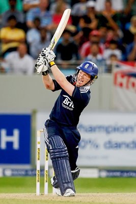 Eoin Morgan hits a 6 for England in Dubai 2010