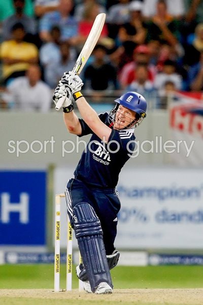 Eoin Morgan hits a 6 for England in Dubai 2010