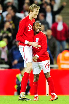 Little and Large celebrate at Wembley v Egypt