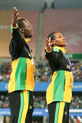 Bolt and Blake Podium World Championships Daegu 2011