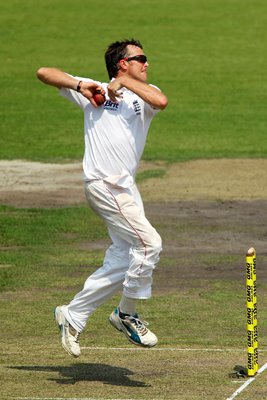 England  bowler Graeme Swann in action v Bangladesh